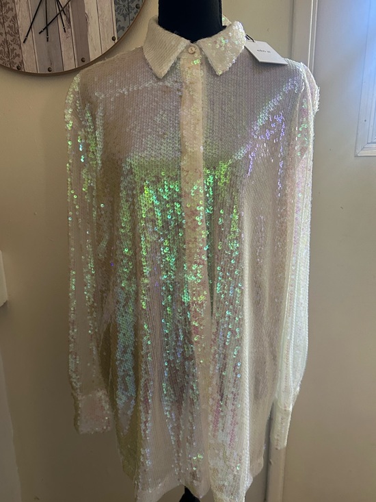 Tops - Iridescent Sequin Button-Down Shirt with Collar